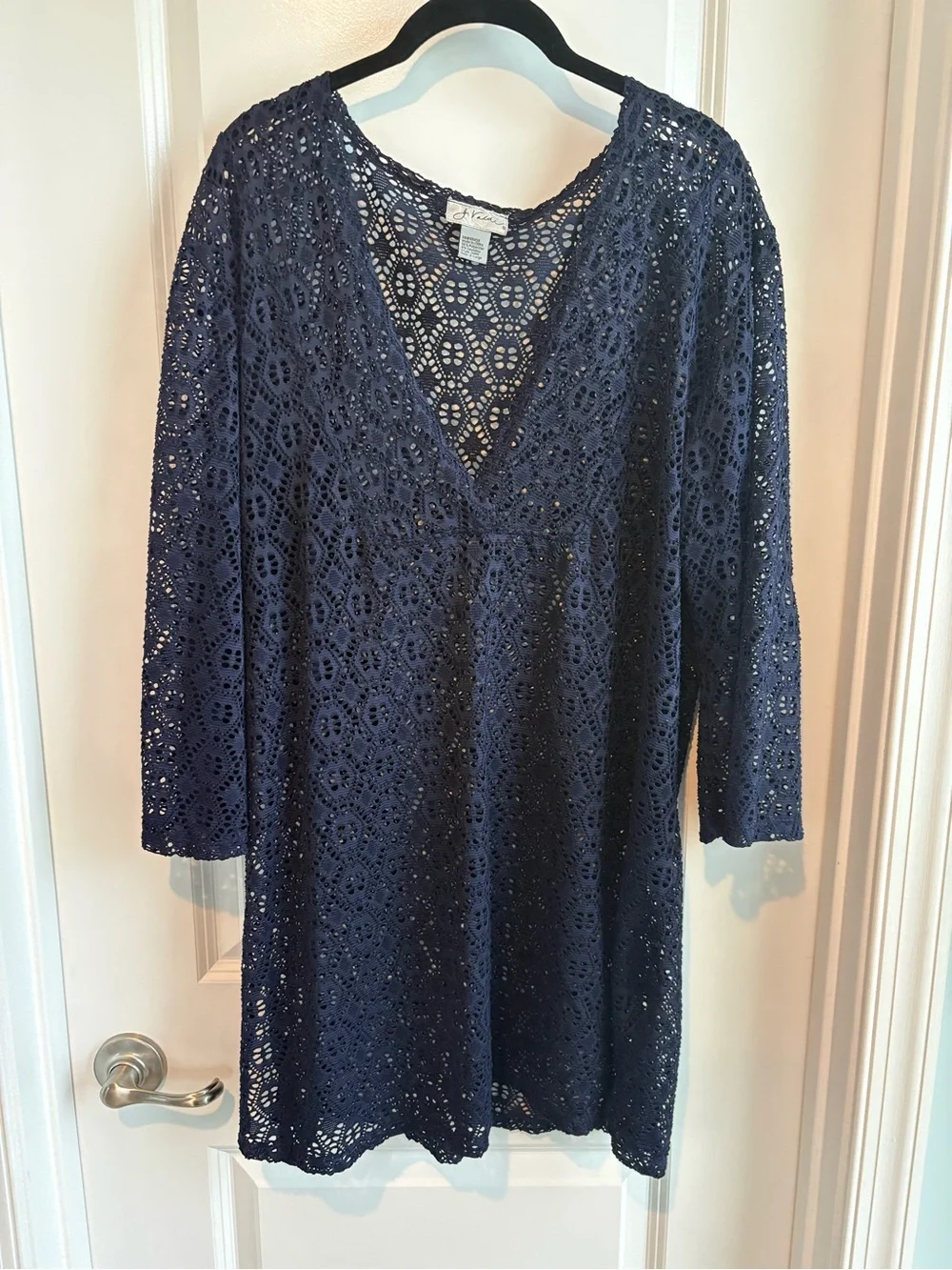 J Valdi Navy Crochet Swim Cover Up Tunic Dress Women’s XL Beach Pool